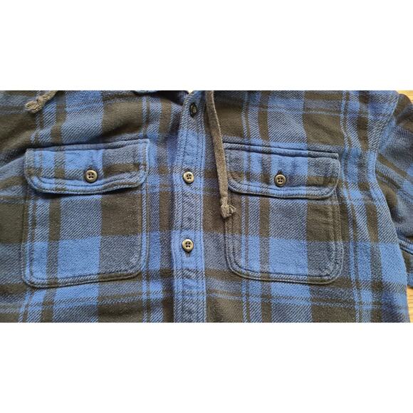 AE Mens Blue Plaid Button Down Shirt with Hood - Picture 3 of 8